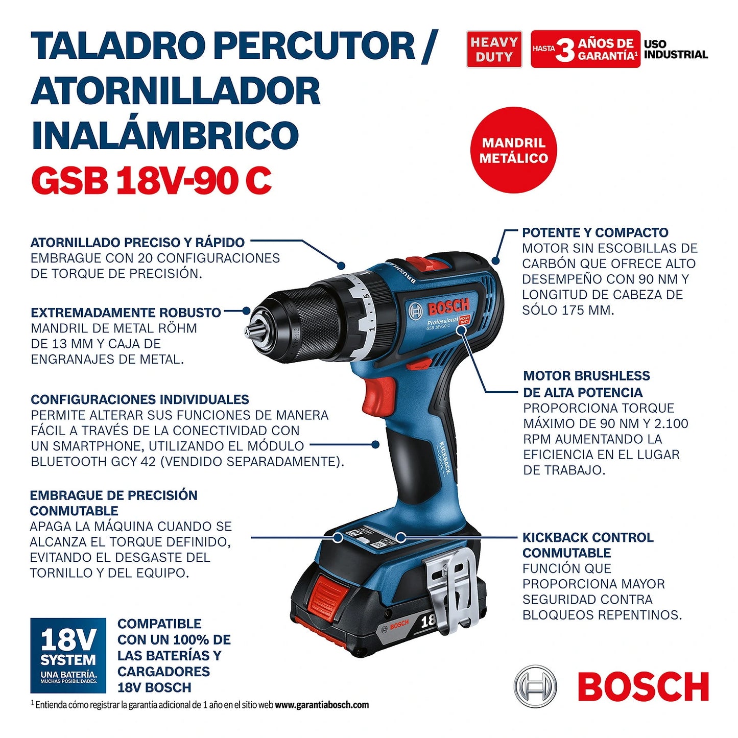 Kit Taladro percutor atornillador Bosch Heavy Duty GSB 18V-90