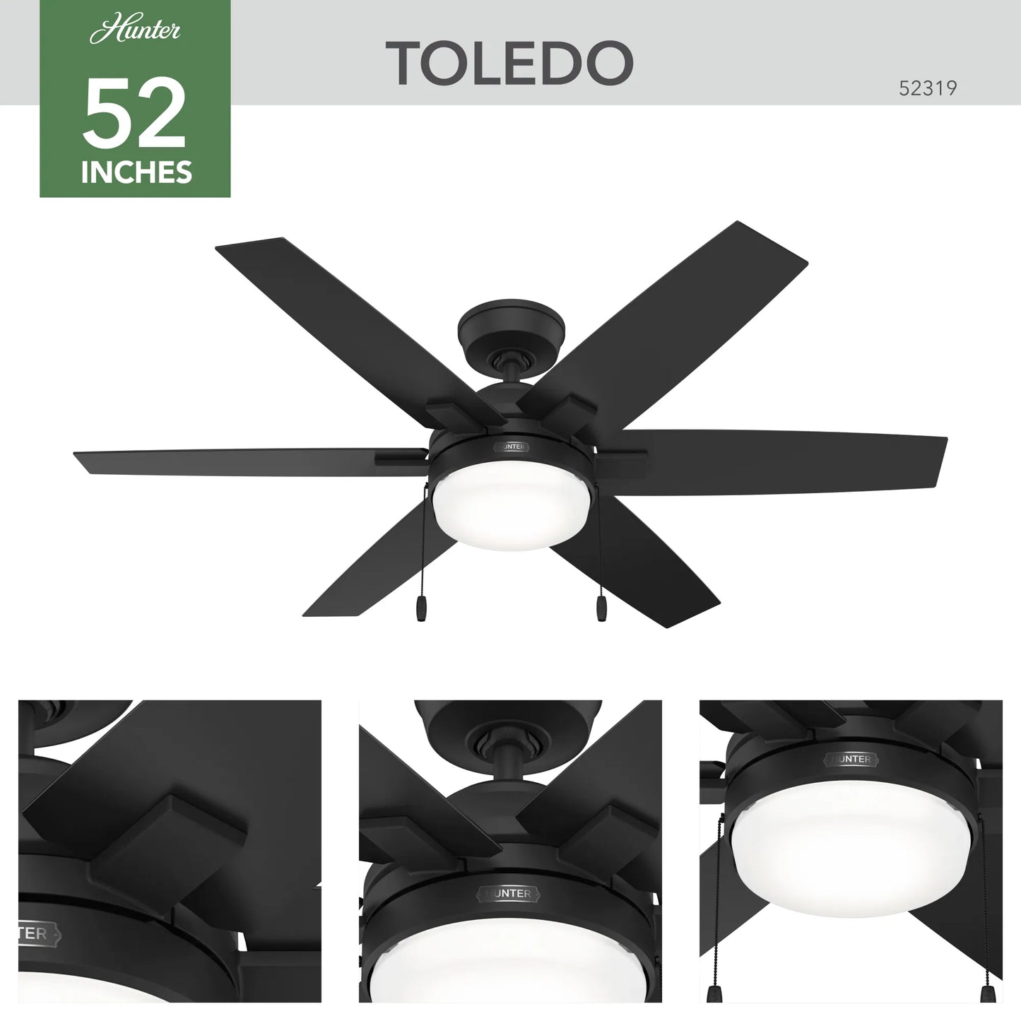 Ventilador de techo Hunter Toledo negro mate de 52 pulgadas con aspas reversibles