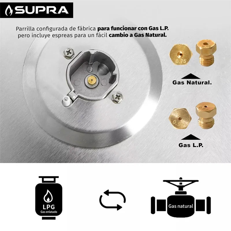 Parrilla de gas empotrable 4 quemadores con cristal templado negro 4Q-EC-N Supra