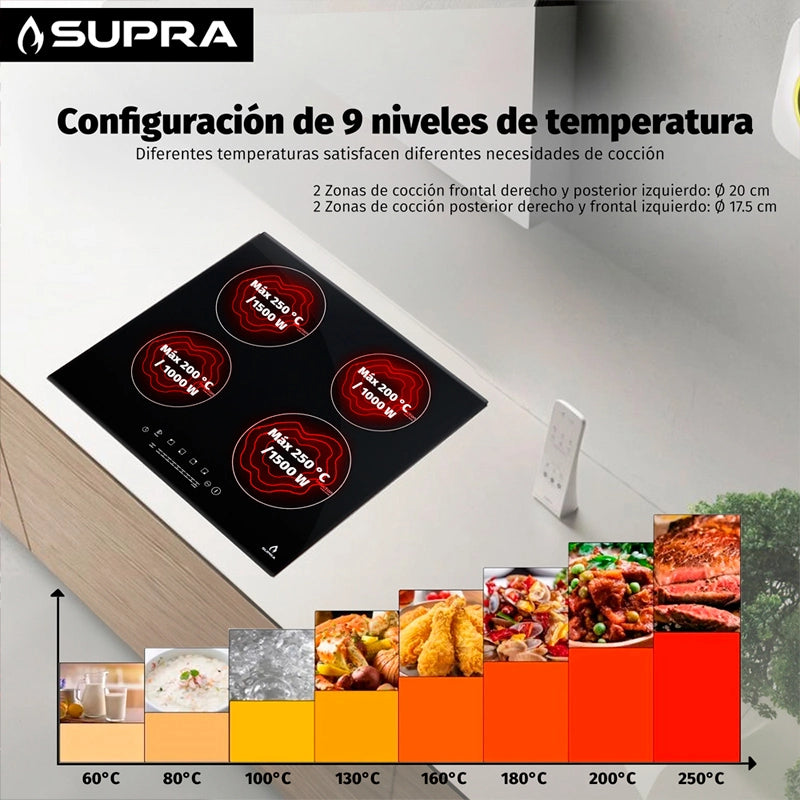Parrilla de inducción empotrable de cristal templado 4 quemadores Supra 4Q-IN-110V