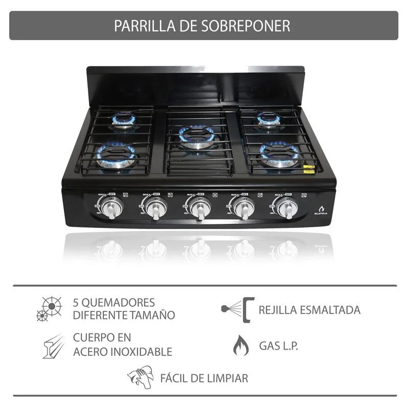 Parrilla de gas de sobreponer Titan Black Supra negro de 5 quemadores
