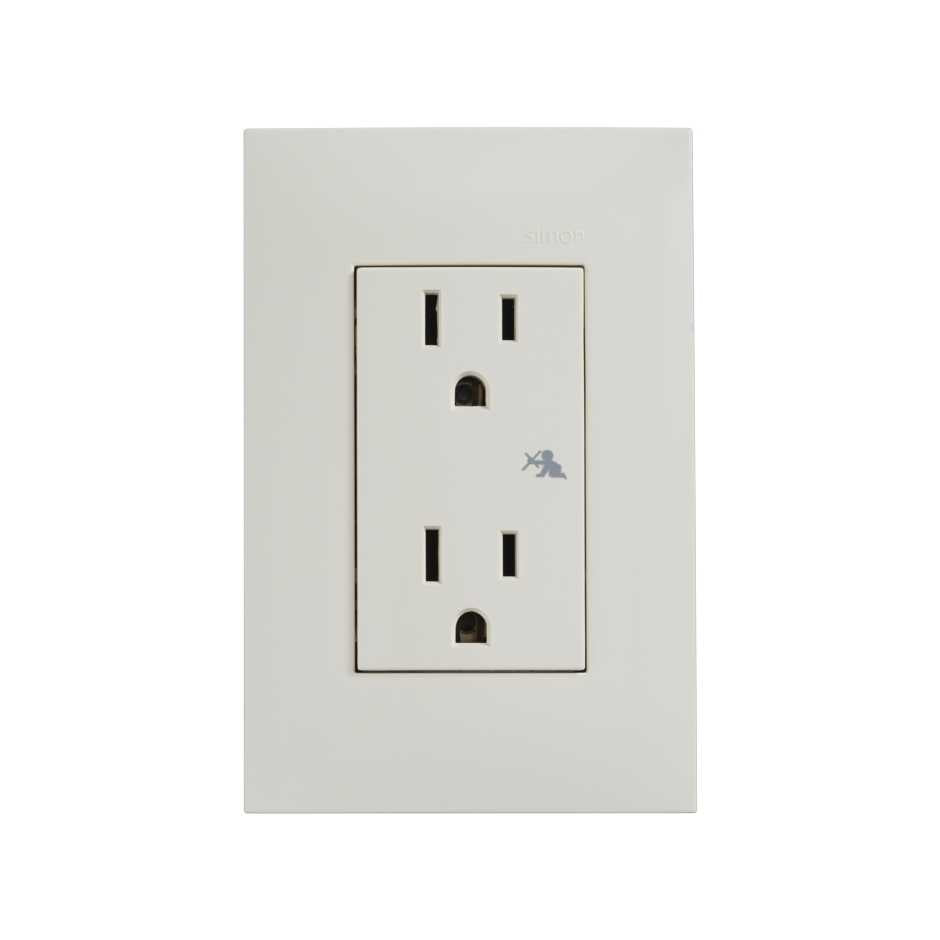 Toma de corriente duplex con placa y seguridad para niños marfil Simon 25 plus