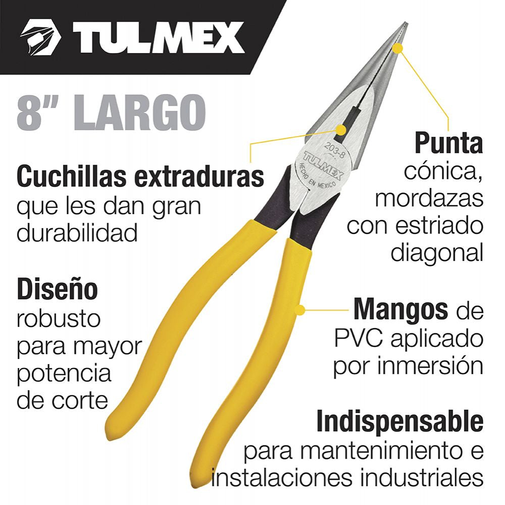 Pinzas de punta conica con corte 8'' tulmex