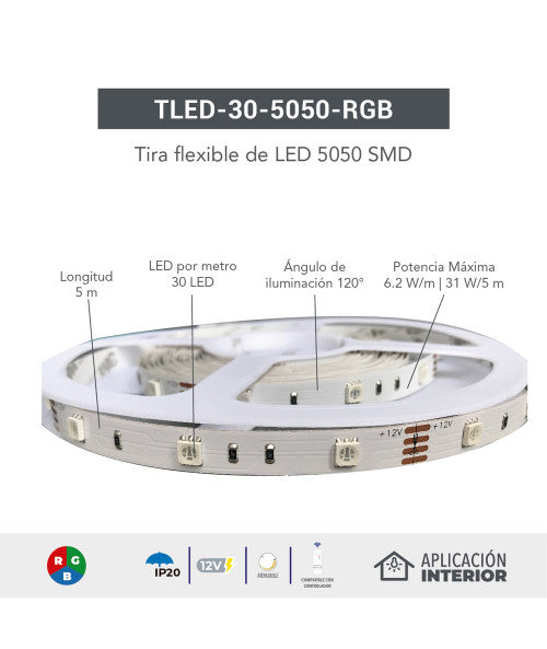 Tira Flexible 30 Leds por Metro, 5050 SMD, Exterior Tono RGB