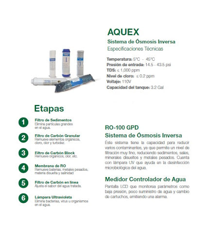 Sistema osmosis inversa Aquex RO-100 GPD de 6 etapas