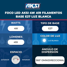 AKSI foco de filamentos 4W A19 base E27 luz blanca