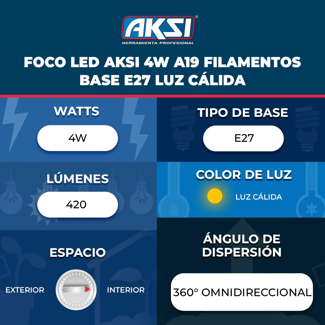 AKSI foco de filamentos 4W A19 base E27 luz cálida