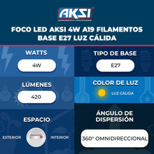 AKSI foco de filamentos 4W A19 base E27 luz cálida