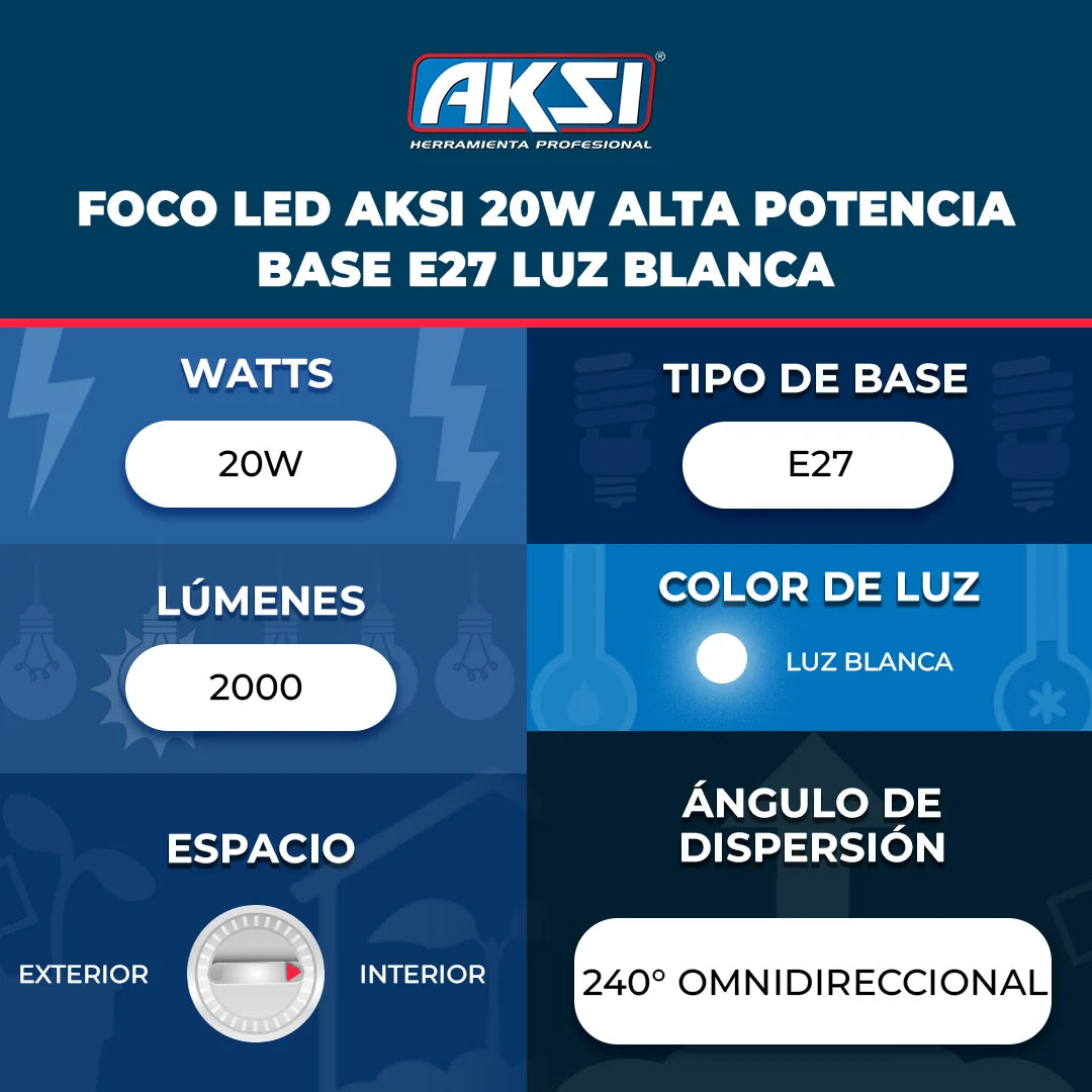 AKSI foco led 20W de alta potencia base E27 luz blanca