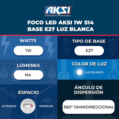 AKSI foco led 1W S14 base E27 luz blanca