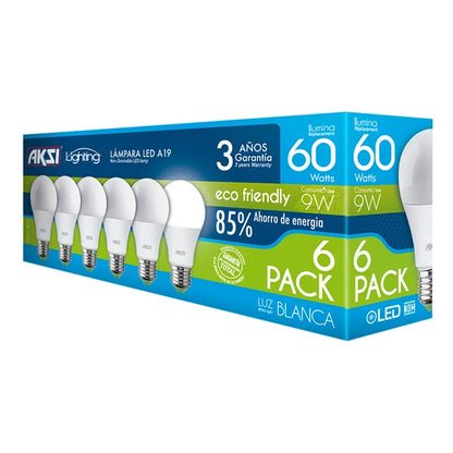 AKSI Pack de 6 focos led 9W eco A19 base E27 luz blanca