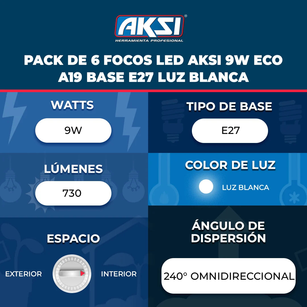 AKSI Pack de 6 focos led 9W eco A19 base E27 luz blanca