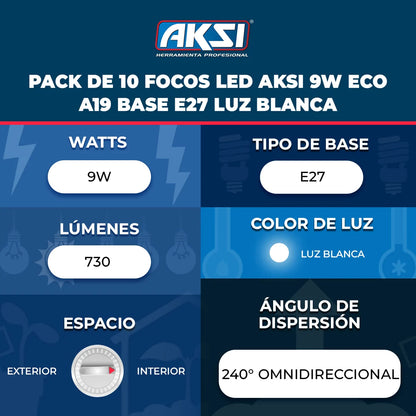 AKSI pack de 10 focos led 9W ECO A19 base E27 luz blanca