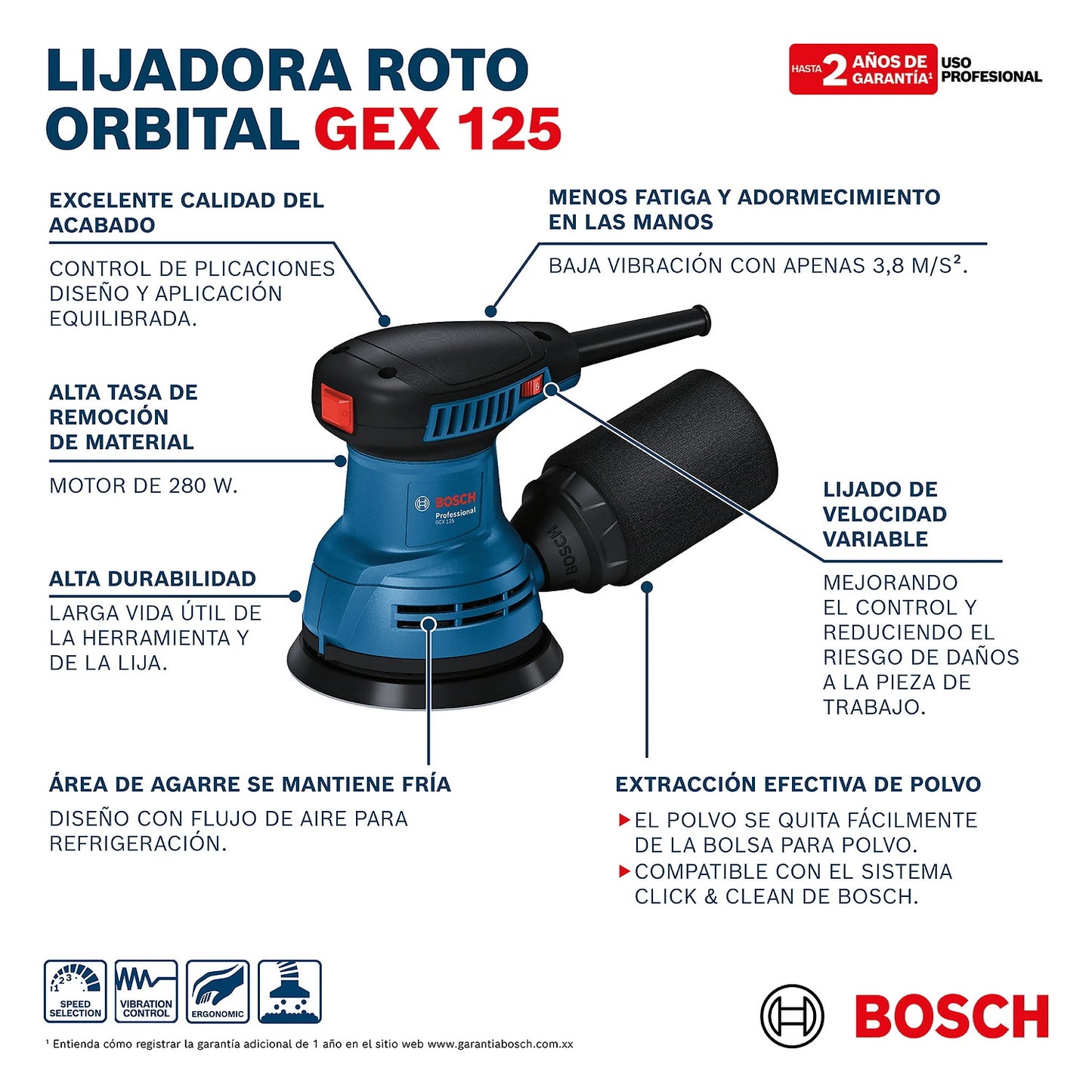 Lijadora roto orbital Bosch GEX 125 de 280W