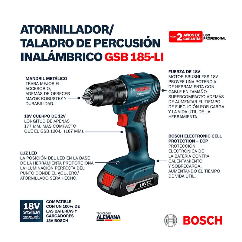 Taladro Percutor Atornillador Bosch Professional GSB 185-LI con dos baterías