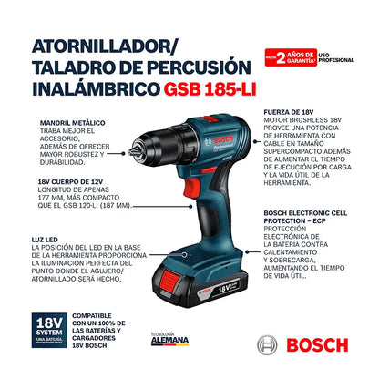 Taladro Percutor Atornillador Bosch Professional GSB 185-LI con dos baterías