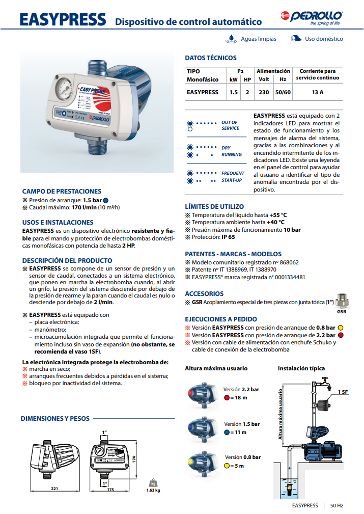 Regulador de presion de agua easypress pedrollo