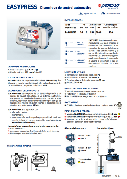 Regulador de presion de agua easypress pedrollo