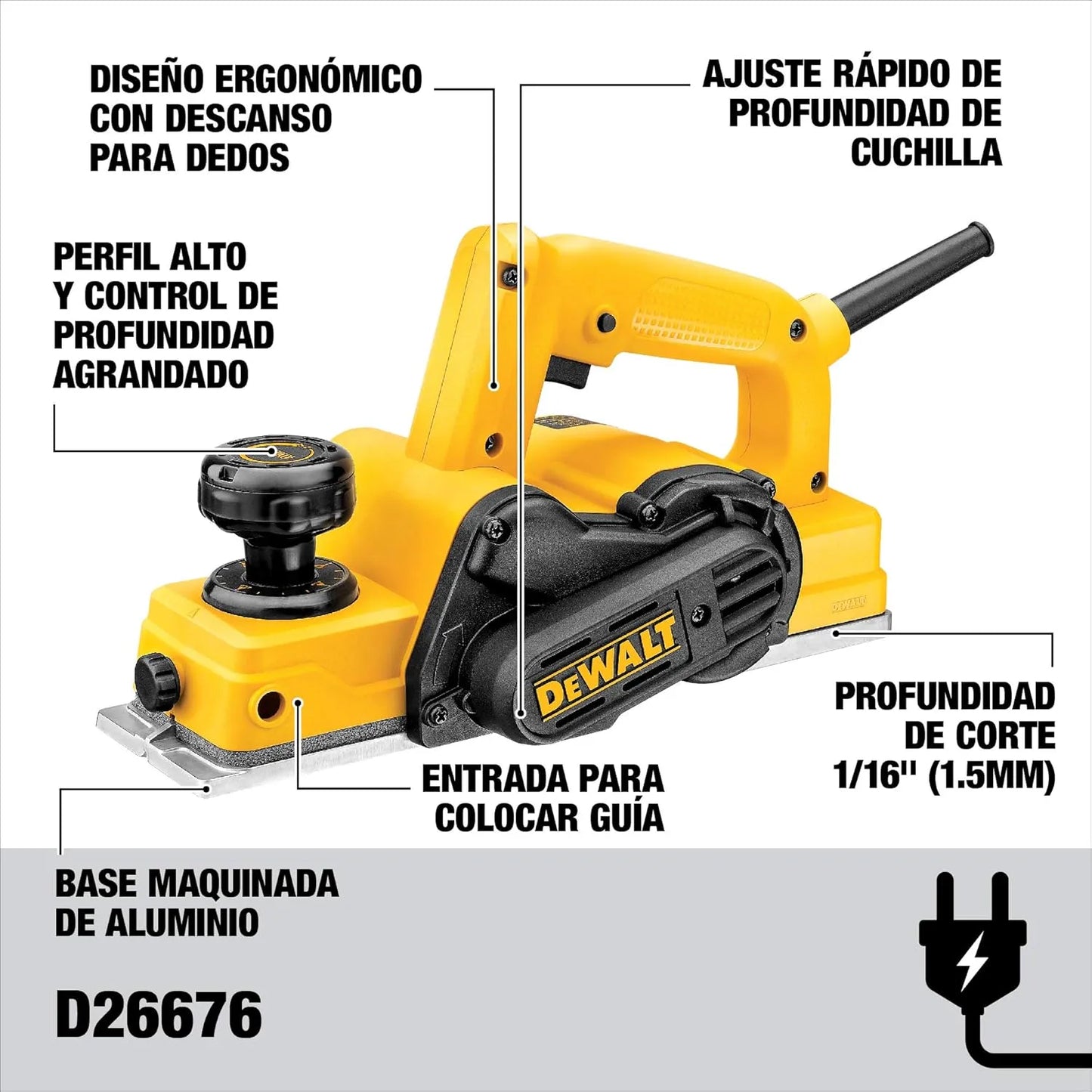 Cepillo eléctrico Dewalt D26676B3 de 550W