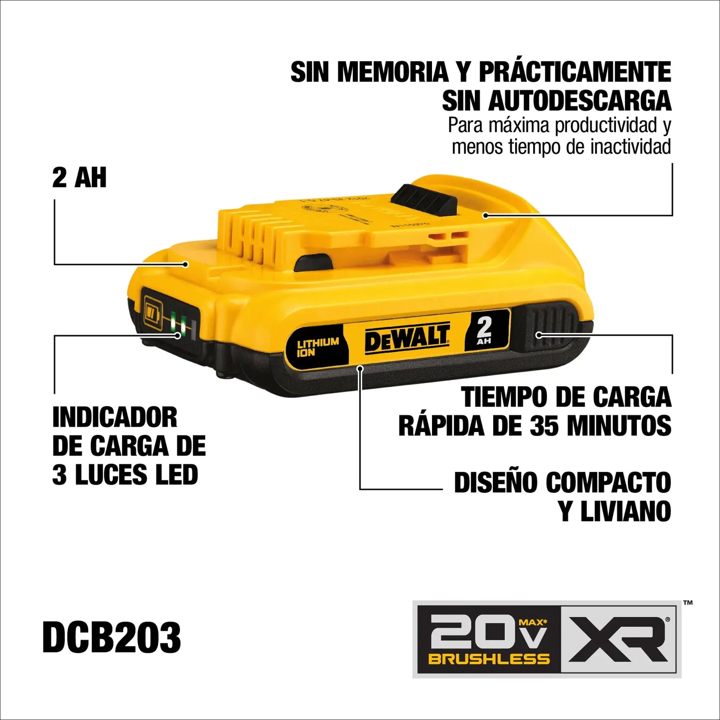 Batería de Iones de Litio Dewalt DCB203 20V MAX XR de 2Ah