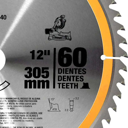 Disco de corte para madera de 12" 60 dientes Dewalt DWA03140