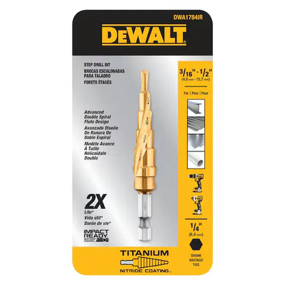Broca Escalonada Impact Ready Dewalt de 3/16" a 1/2" con recubrimiento de nitruro de titanio