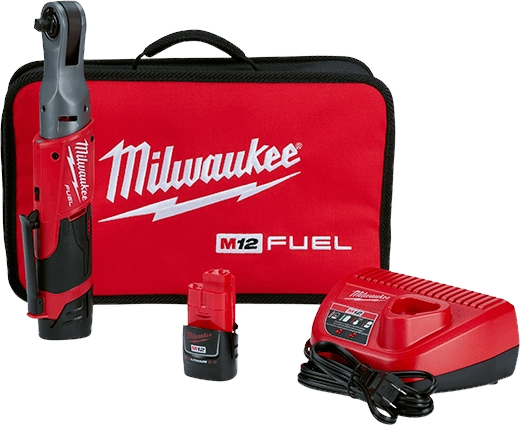 Kit de trinquete Milwaukee M12 FUEL de 3/8" con 2 baterías, cargador y estuche de transporte