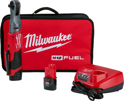 Kit de trinquete Milwaukee M12 FUEL de 3/8" con 2 baterías, cargador y estuche de transporte
