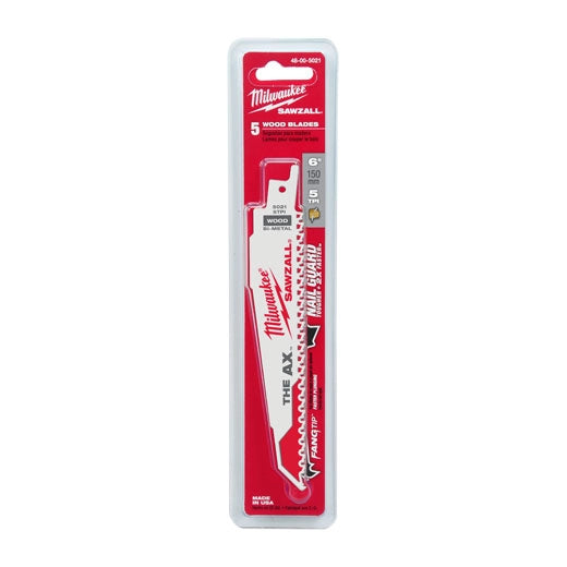 Paquete de 5 hojas de corte para madera Milwaukee Ax Sawzall de 6" - 5TPI