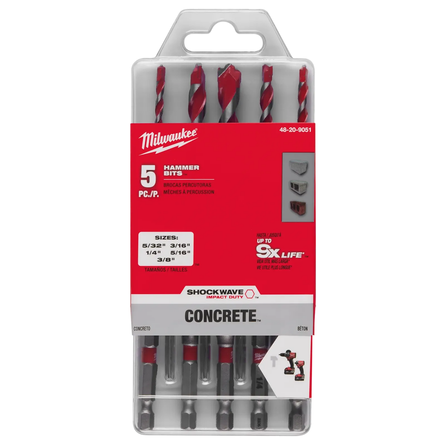 Juego de 5 brocas de carburo para mampostería Milwaukee Shockwave