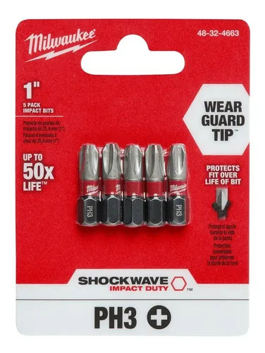 Paquete de 5 puntas hex Phillips #3 Milwaukee Shockwave