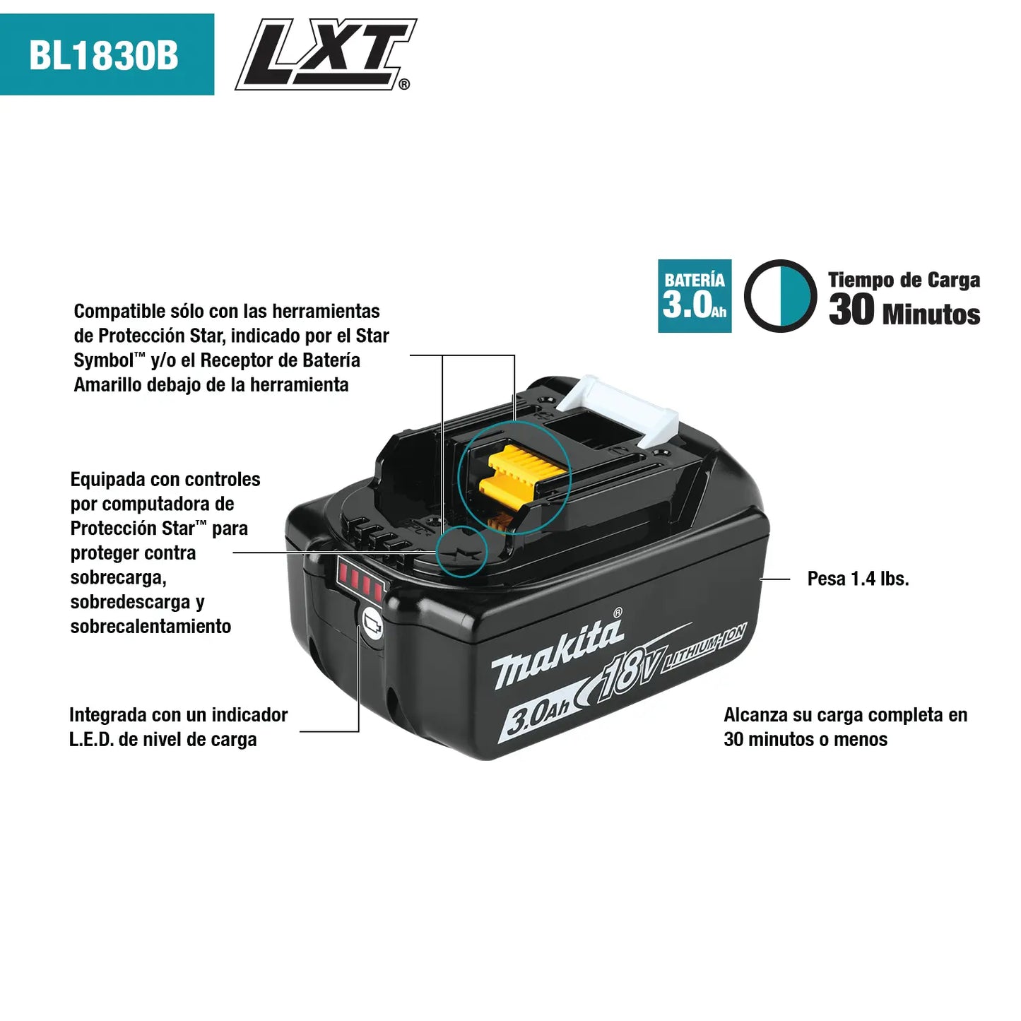 Batería Makita LXT Litio‑Ion de 18V 3.0Ah