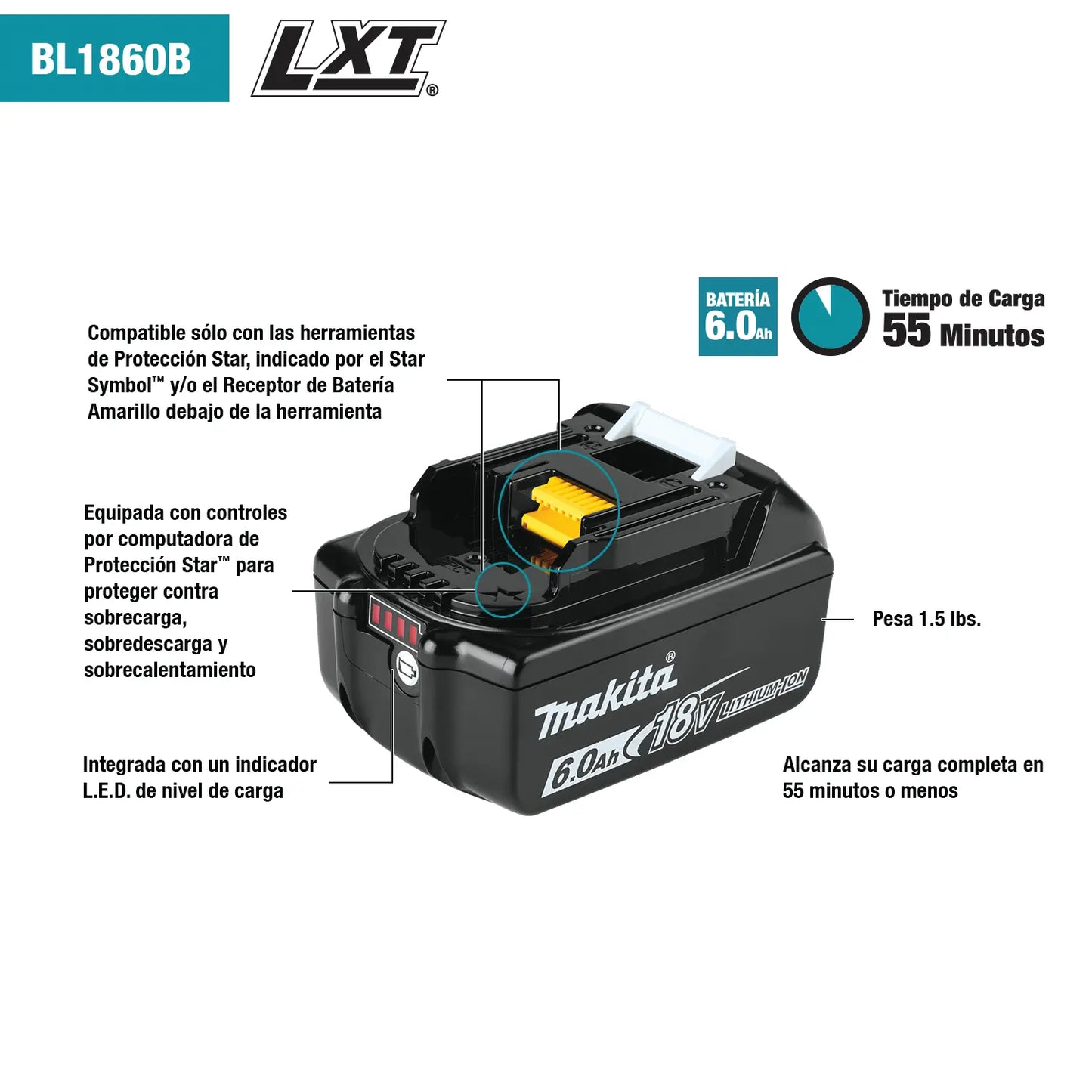 Batería Makita LXT 18V 6.0Ah con indicador de carga