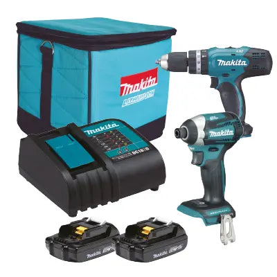 Kit Makita 18V LXT de Taladro percutor DHP453 y Atornillador de impacto DTD156 con baterías, cargador y maletín
