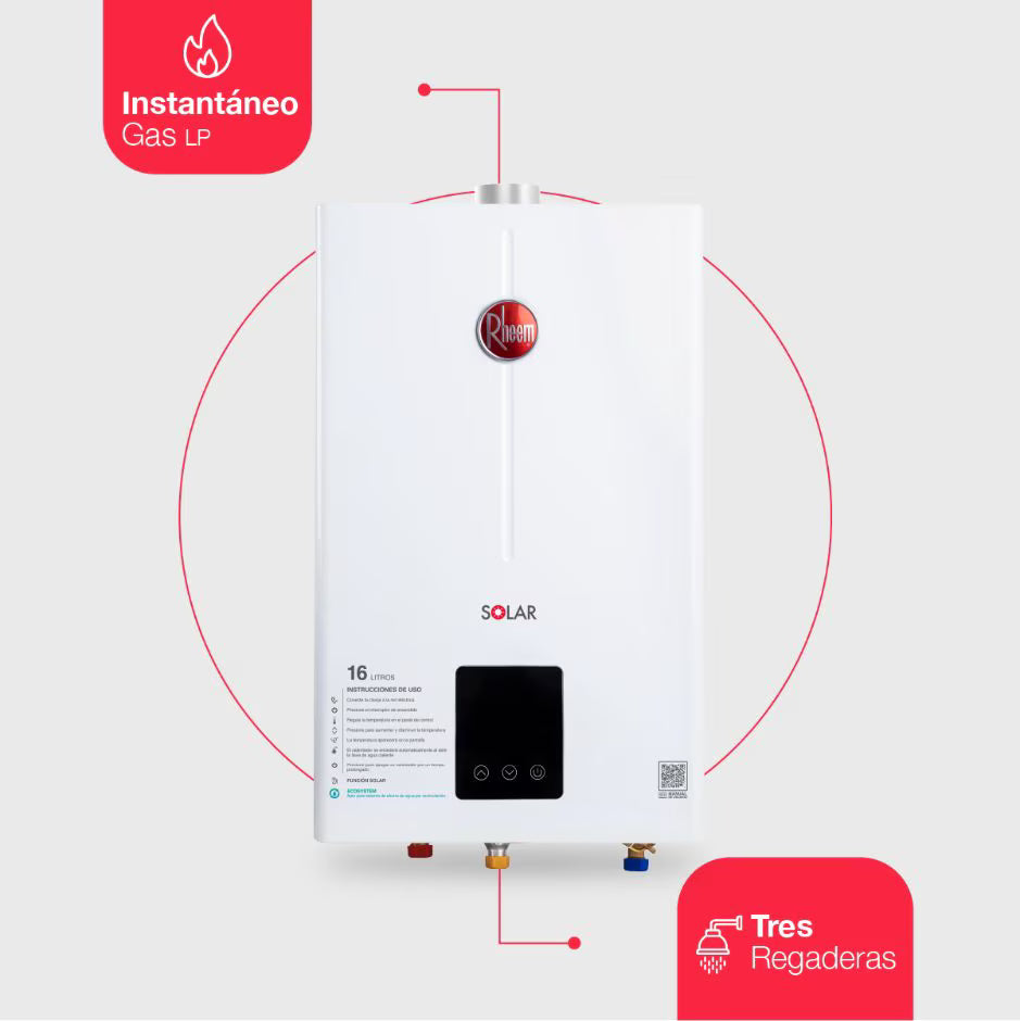 Calentador de agua Instantáneo tiro forzado 16 L/min gas LP 3 Servicios Rheem