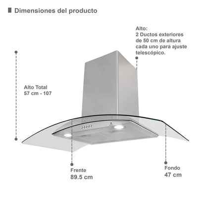 Campana extractora de acero inoxidable con cristal templado curvo cc-90 Supra