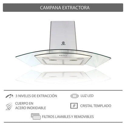 Campana extractora de acero inoxidable con cristal templado curvo cc-90 Supra