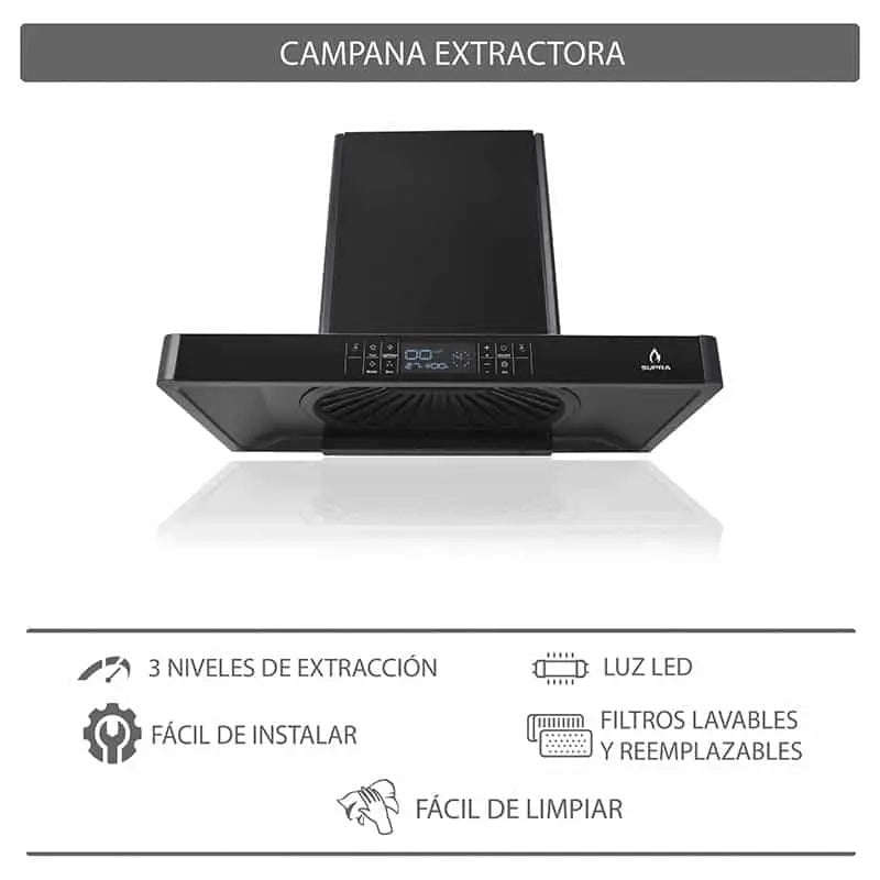 Campana extractora Supra Legacy con panel de cristal color negro