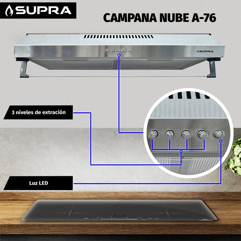 Campana extractora empotrable de acero inoxidable Supra NUBE A-76