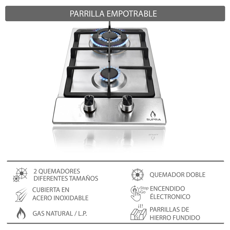 Parrilla de gas empotrable Domino Steel Supra con 2 quemadores