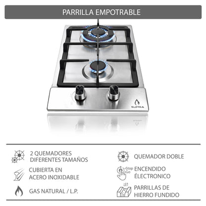 Parrilla de gas empotrable Domino Steel Supra con 2 quemadores