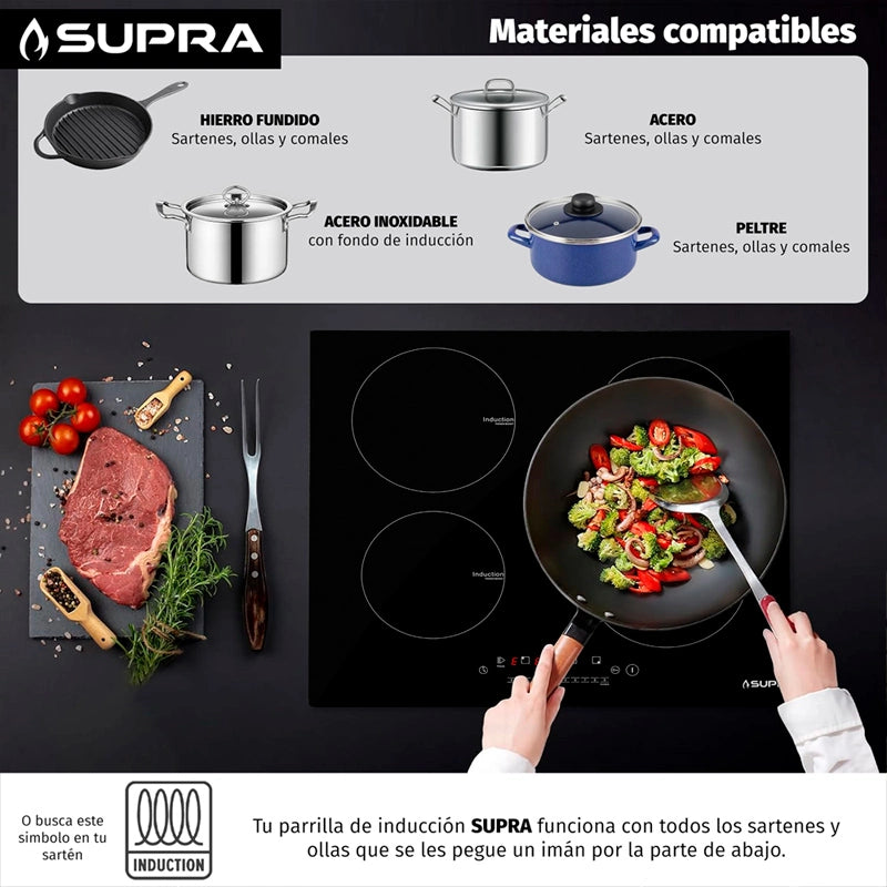 Parrilla de inducción empotrable de cristal templado 4 quemadores Supra 4Q-IN-110V