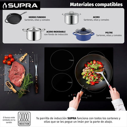 Parrilla de inducción empotrable de cristal templado 4 quemadores Supra 4Q-IN-110V