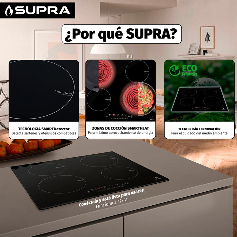Parrilla de inducción empotrable de cristal templado 4 quemadores Supra 4Q-IN-110V