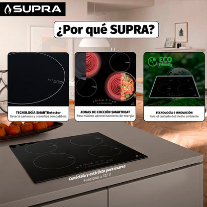 Parrilla de inducción empotrable de cristal templado 4 quemadores Supra 4Q-IN-110V