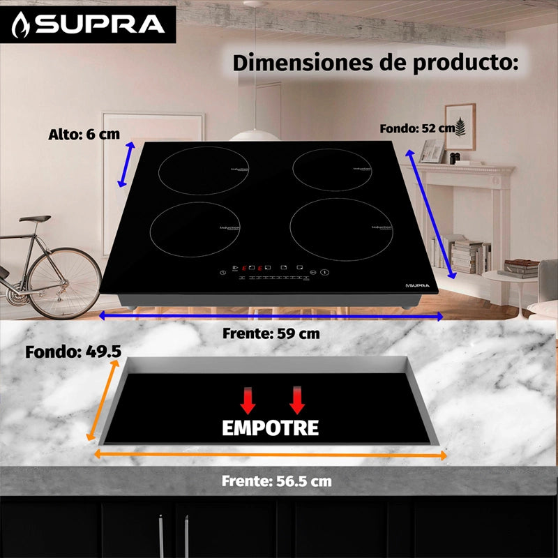 Parrilla de inducción empotrable de cristal templado 4 quemadores Supra 4Q-IN-110V