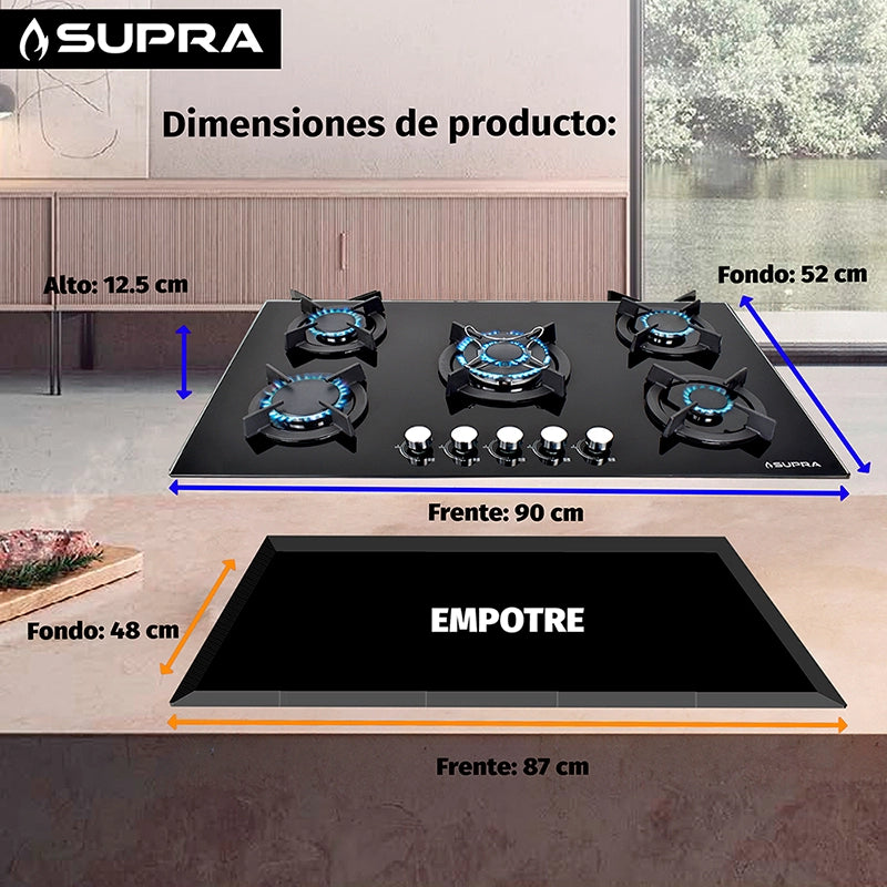 Parrilla de gas Onix 90 Supra empotrable con 5 quemadores y cristal templado negro
