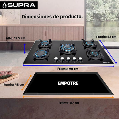 Parrilla de gas Onix 90 Supra empotrable con 5 quemadores y cristal templado negro