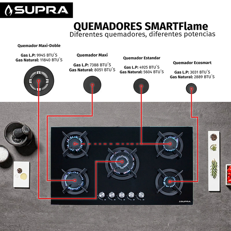 Parrilla de gas Onix 90 Supra empotrable con 5 quemadores y cristal templado negro