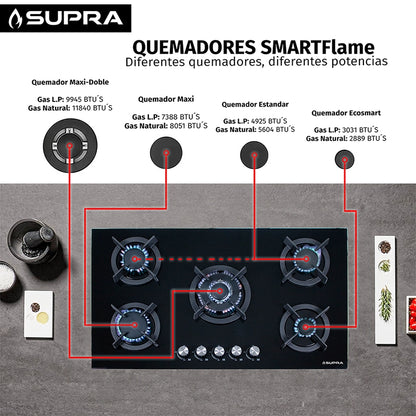 Parrilla de gas Onix 90 Supra empotrable con 5 quemadores y cristal templado negro
